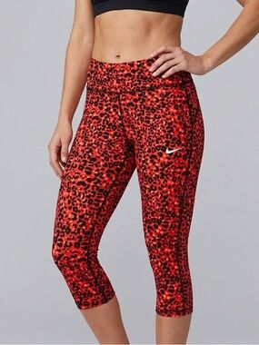 NIKE Running Dri-FIT Leopard Print Crop Leggings - Orange & Black - Medium